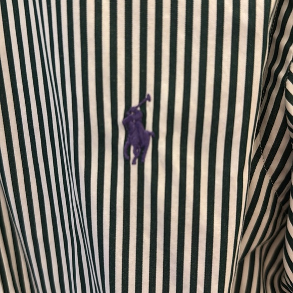 Men’s large, Ralph Lauren, button-down, green and white with purple logo. - Picture 2 of 3